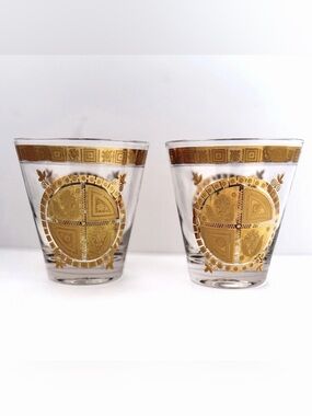 2 Vtg Mid Century Culver Coronet Double Rocks Tapered Bar Glasses Flower Sun 22K